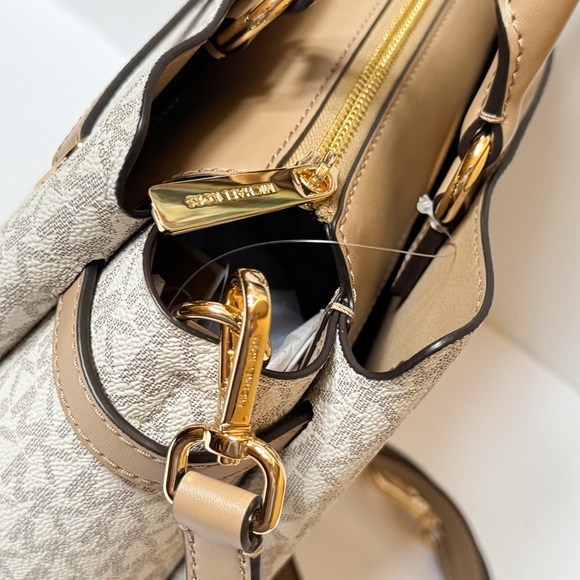 Michael Kors Reed Large Belted Satchel Shoulder Crossbody Bag MK Camel Multi - Picture 14 of 15